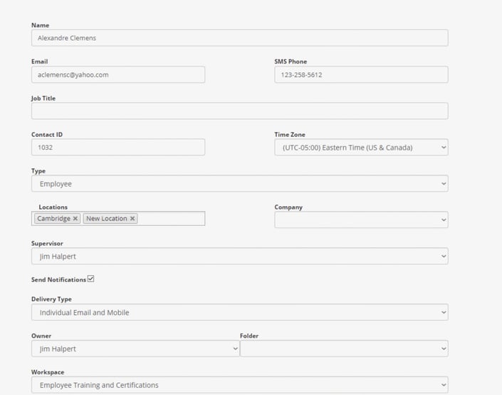 Expiration Reminder interface displaying notification channel options, including email and SMS, for automated training reminders.
