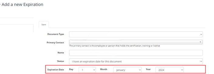Expiration Reminder interface displaying expiration item assignment to employees with training date and renewal cycle for automated reminders