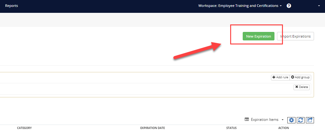 Expiration Reminder interface displaying expiration item setup with training type, due date, and renewal cycle for automated tracking
