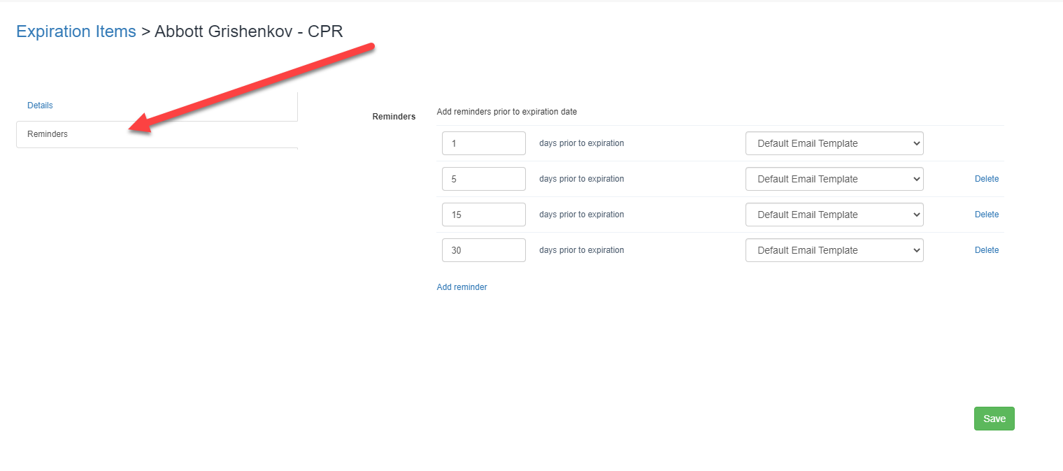 Expiration Reminder interface displaying automated reminder settings with customizable notification frequency for training deadlines