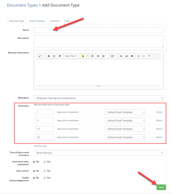 xpiration Reminder interface displaying training category setup for automated tracking