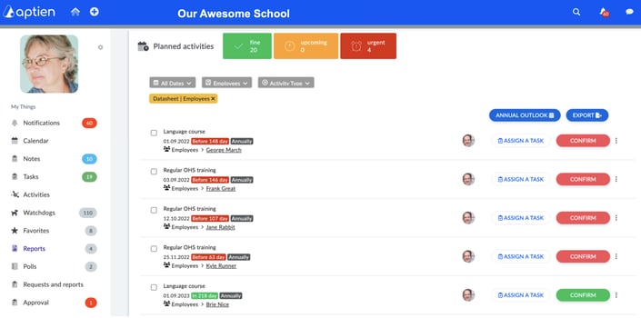 Aptien interface displaying intuitive employee training tracking and management features for medium-sized businesses.