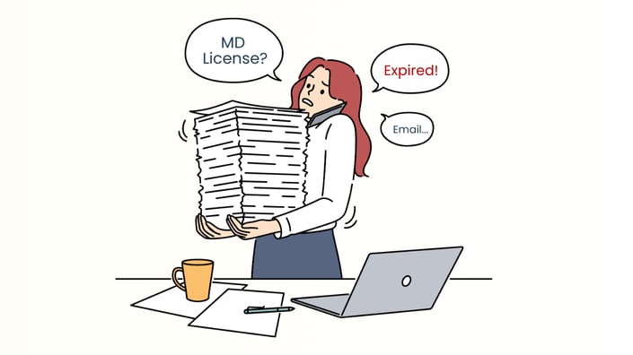 Overwhelmed credential manager struggling with paperwork and compliance tracking