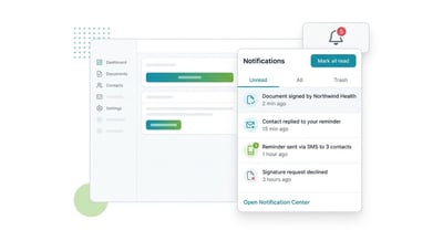  Expiration Reminder Notification Center dropdown showing unread signature, reply, and reminder alerts