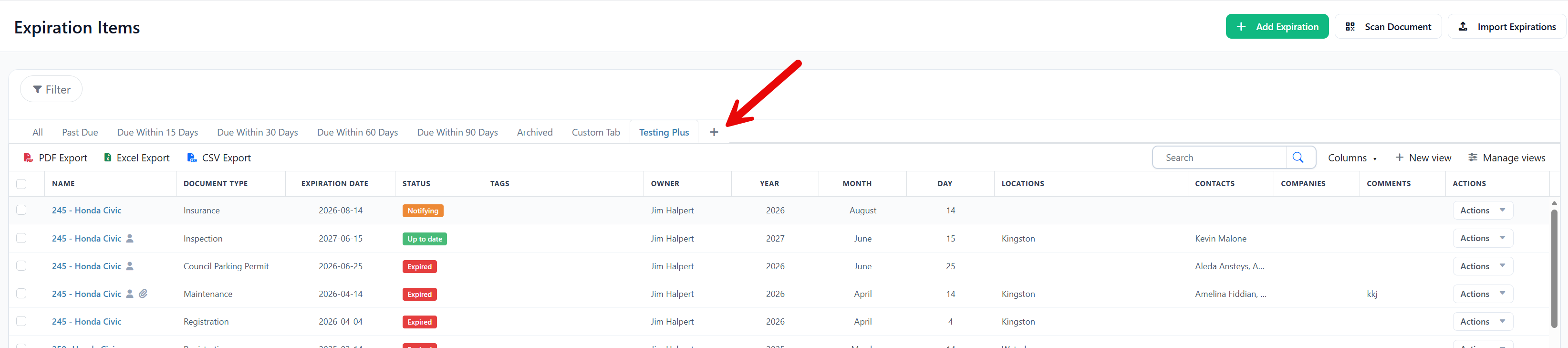 Custom list view saved as a tab above the expiration items list in Expiration Reminder